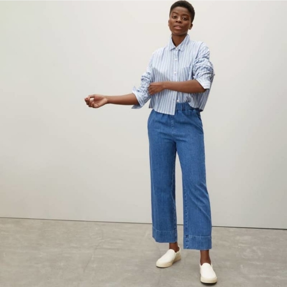 Everlane The Easy Jean denim blue wide leg elastic waist jeans size 6